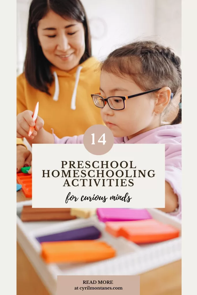 Mother and young child engaged in a creative homeschooling activity with colorful play materials, highlighting 14 preschool homeschooling activities for curious minds.