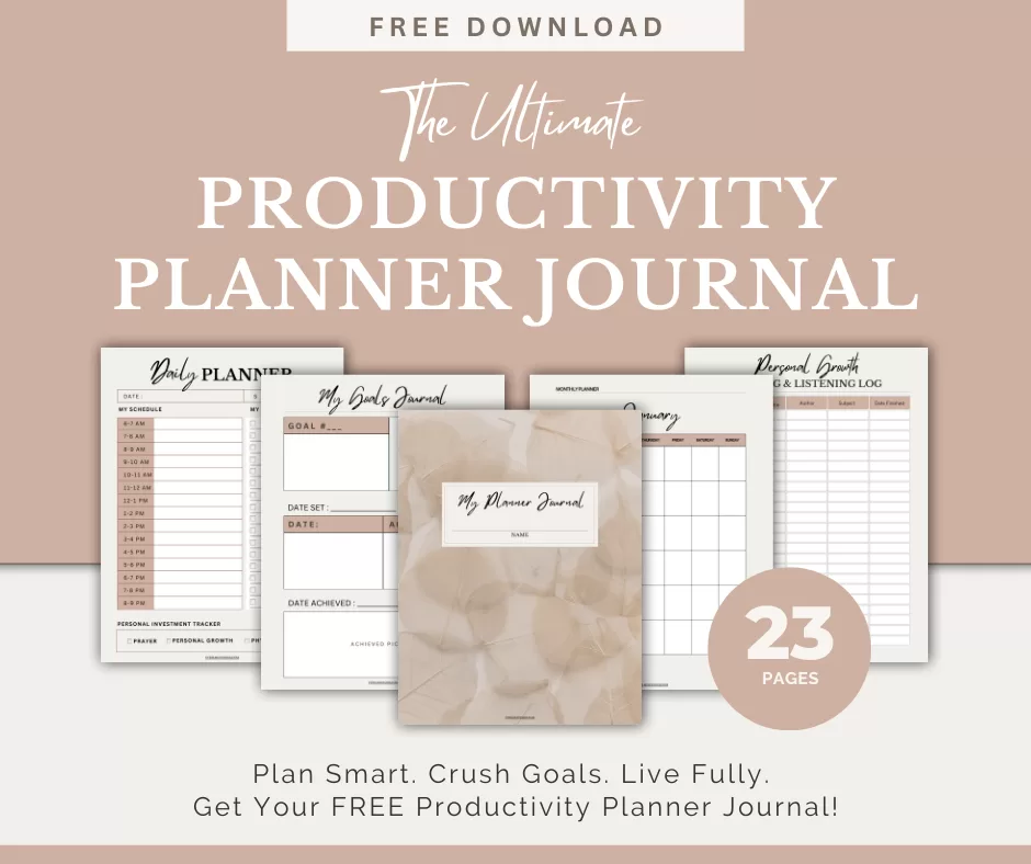 Free 23-page productivity planner journal download with daily, goal, and growth tracking pages in a neutral beige desig