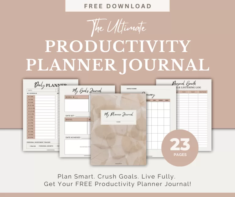 The Ultimate Productivity Planner Journal free download featuring 23 printable pages including a daily planner, goals journal, and personal growth tracker in a neutral beige design.