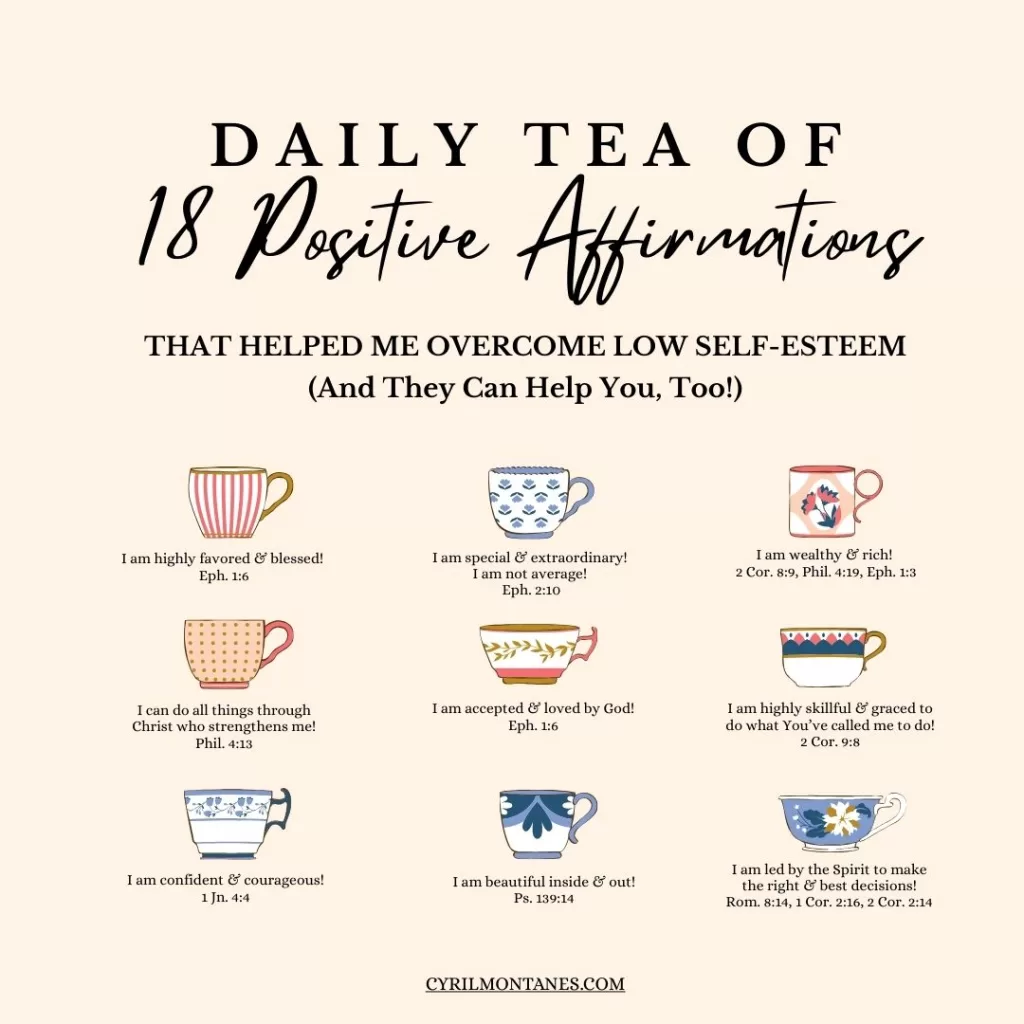 Daily Tea of 18 Positive Affirmations with Bible verses on colorful teacups to boost self-esteem and Christian encouragement