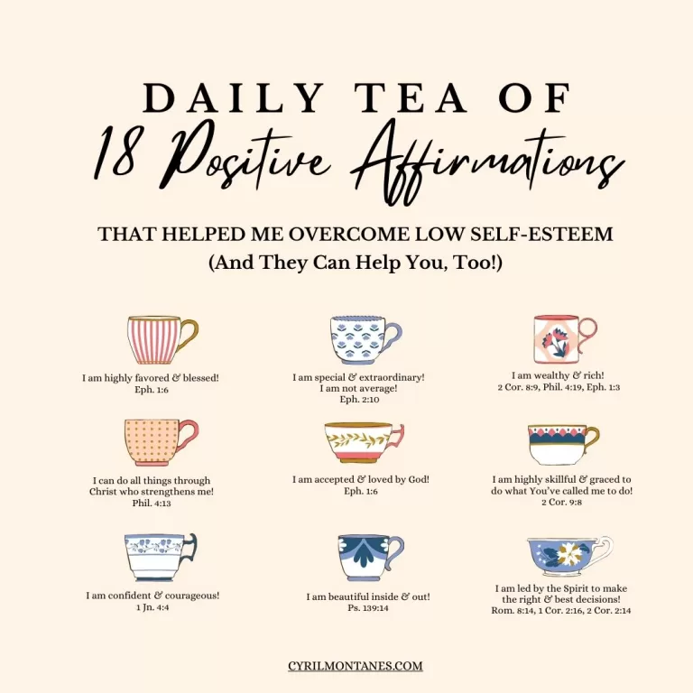 Daily Tea of 18 Positive Affirmations with Bible verses on colorful teacups to boost self-esteem and Christian encouragement