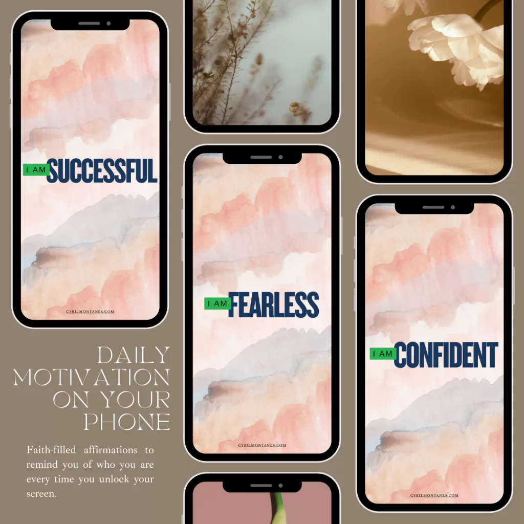 Faith-based phone wallpapers with pink watercolor background and bold “I AM” affirmations on mockup phones.