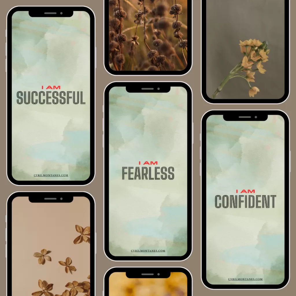 Phone wallpapers with green watercolor background and “I AM” affirmations in vintage-style font on mockup phones.