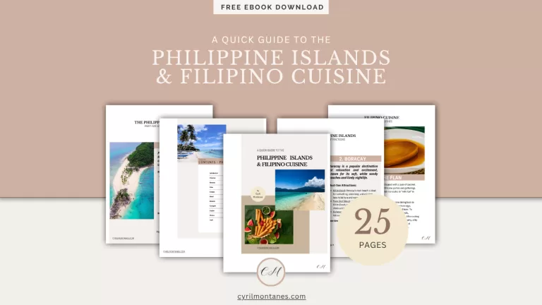 Free eBook download titled ‘A Quick Guide to the Philippine Islands & Filipino Cuisine’ with a preview of 25-page content including island highlights and traditional dishes. Website: cyrilmontanes.com