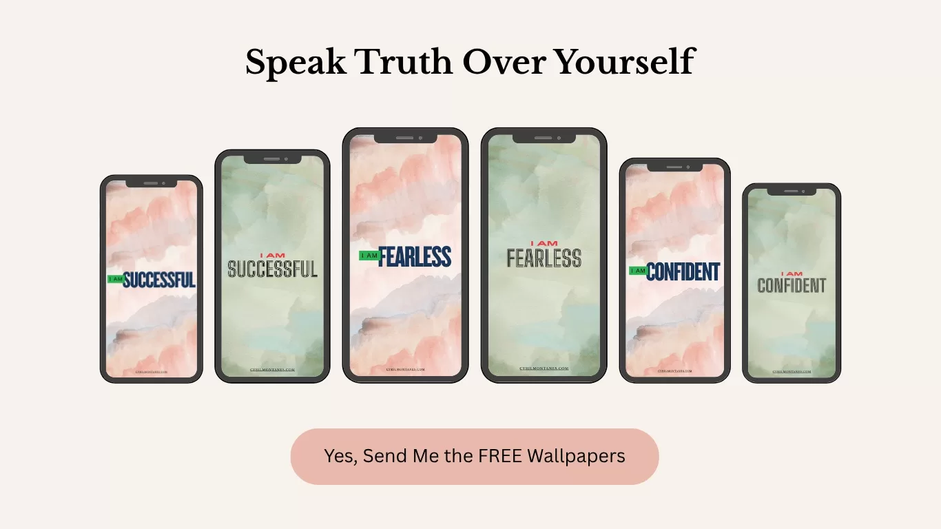 Mockup of six phone screens with motivational ‘I AM’ wallpapers—Confident, Fearless, Successful—on pastel watercolor backgrounds, with the text ‘Speak Truth Over Yourself’ and a button saying ‘Yes, Send Me the FREE Wallpapers.