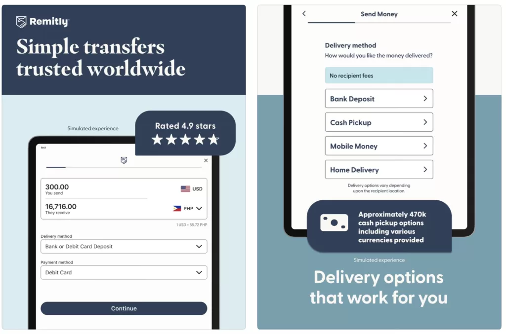 Screen shot of Remitly money transfer app