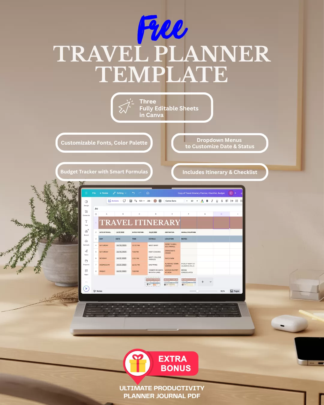 Laptop on a wooden desk displaying a travel itinerary spreadsheet. Text above promotes a free travel planner template with editable Canva sheets, customizable features, smart budget tracker, and an extra bonus: Ultimate Productivity Planner Journal PDF.