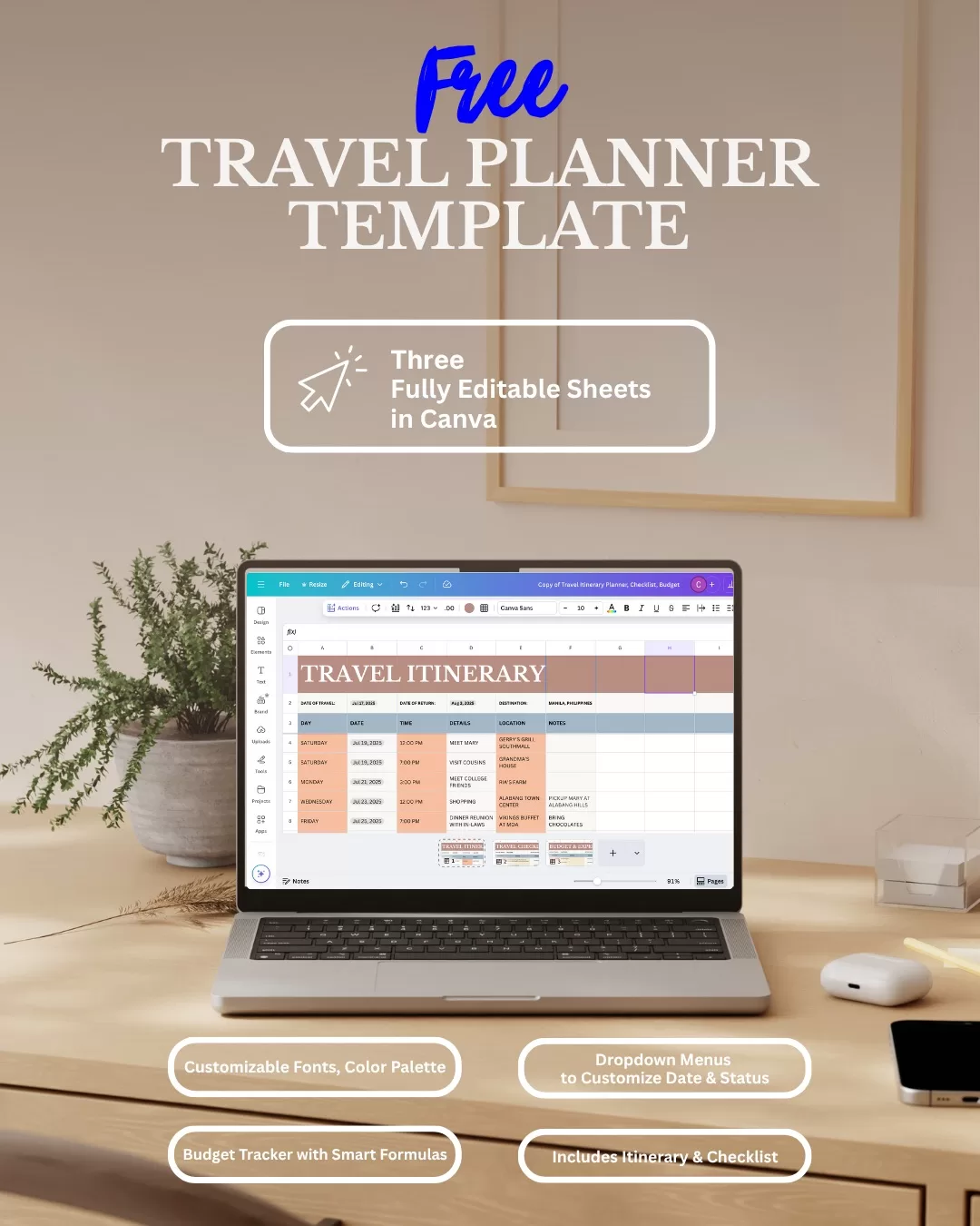 Laptop on a desk displaying a travel itinerary spreadsheet with text overlay promoting a free customizable Canva travel planner template that includes an itinerary, checklist, and budget tracker.