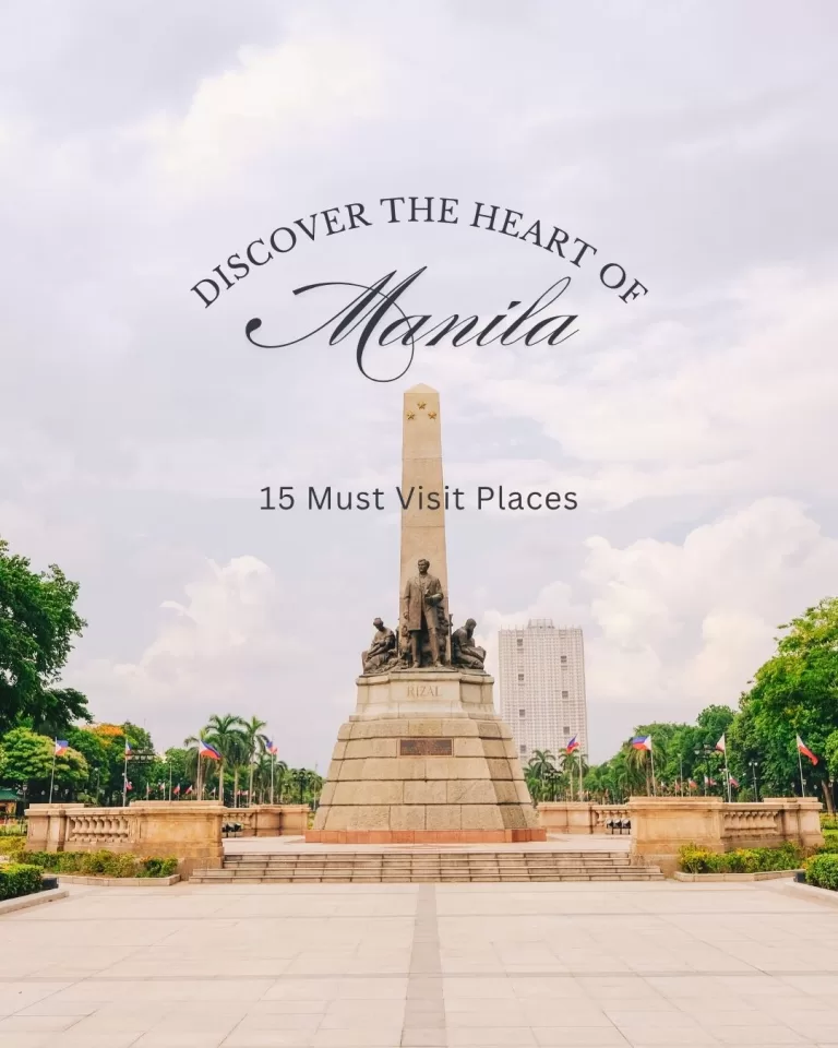 Rizal Monument at Luneta Park in Manila, Philippines, surrounded by Philippine flags and lush greenery under a partly cloudy sky.
