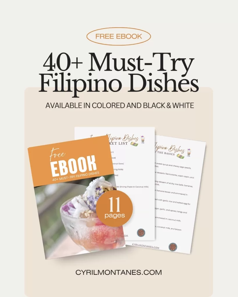 Mockup of a free ebook titled ‘40+ Must-Try Filipino Dishes’ showing a printable PDF cover and sample pages, available in colored and black & white, with a halo-halo dessert image and cyrilmontanes.com