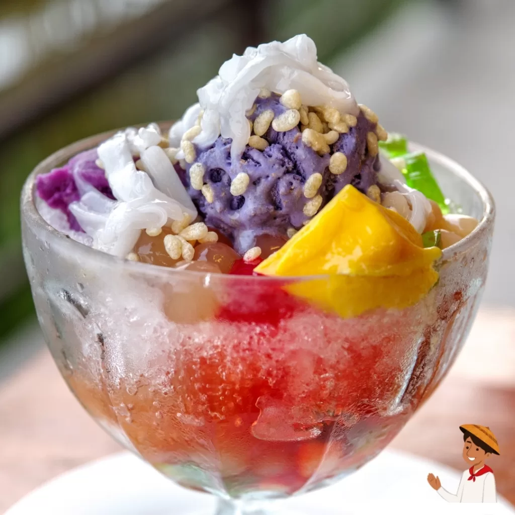 Colorful Filipino halo-halo dessert with ube ice cream, leche flan, and crushed ice.