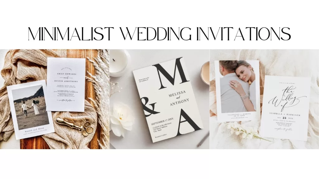 Collage of minimalist wedding invitations with elegant fonts, neutral tones, and modern layouts