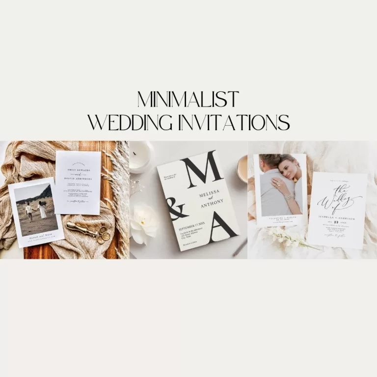 Three elegant minimalist wedding invitation designs styled with neutral backdrops and soft textures.