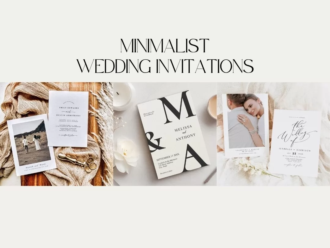 Three elegant minimalist wedding invitation designs styled with neutral backdrops and soft textures.