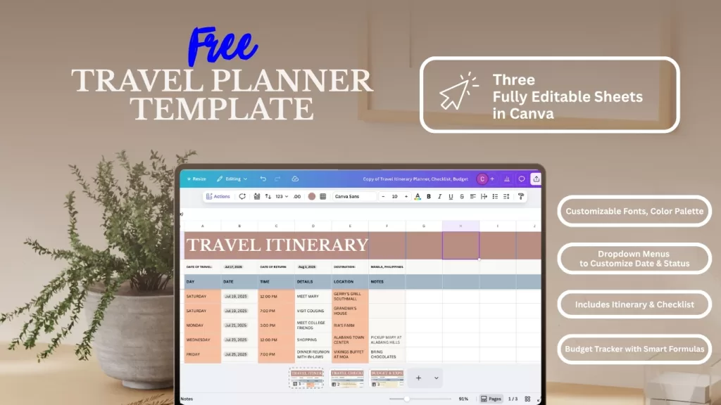 Free Canva travel planner template showing itinerary on a laptop with features like customizable fonts, checklist, and budget tracker.