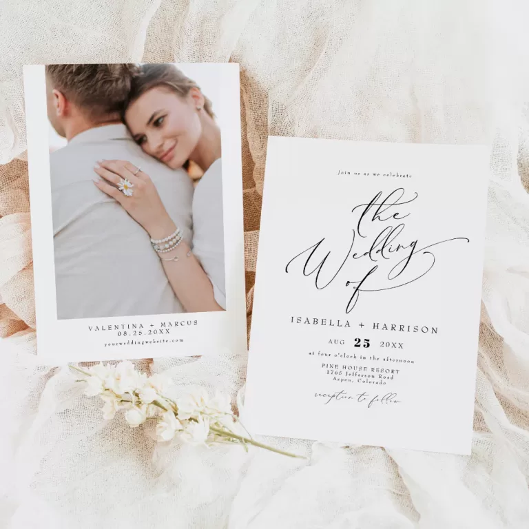 Minimalist wedding invitation set featuring a romantic couple photo card and a script-style invitation for Isabella and Harrison, displayed on soft neutral fabric with white florals.