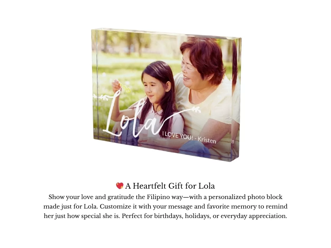 Personalized gift for Lola celebrating Filipino culture, with a photo of a grandmother and granddaughter and custom message.