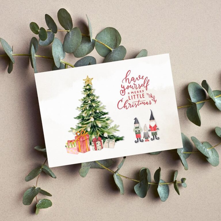 Zazzle Watercolor tree and elves Christmas card by Montanes Art and Designs