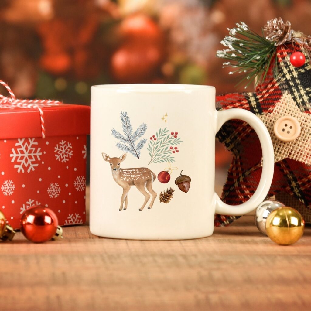 Zazzle Rustic Watercolor Deer and Botanicals Christmas Mug by Montanes Art and Designs