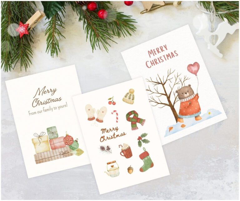 Free ]printableChristmas cards by Cyril Montanes Blog with cozy watercolor designs of presents, bear, and holiday icons.