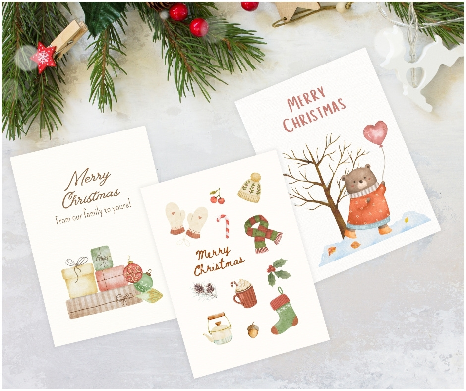 Free Christmas printable cards by Cyril Montanes Blog featuring festive watercolor designs with gifts, winter icons, and cute bear illustration.