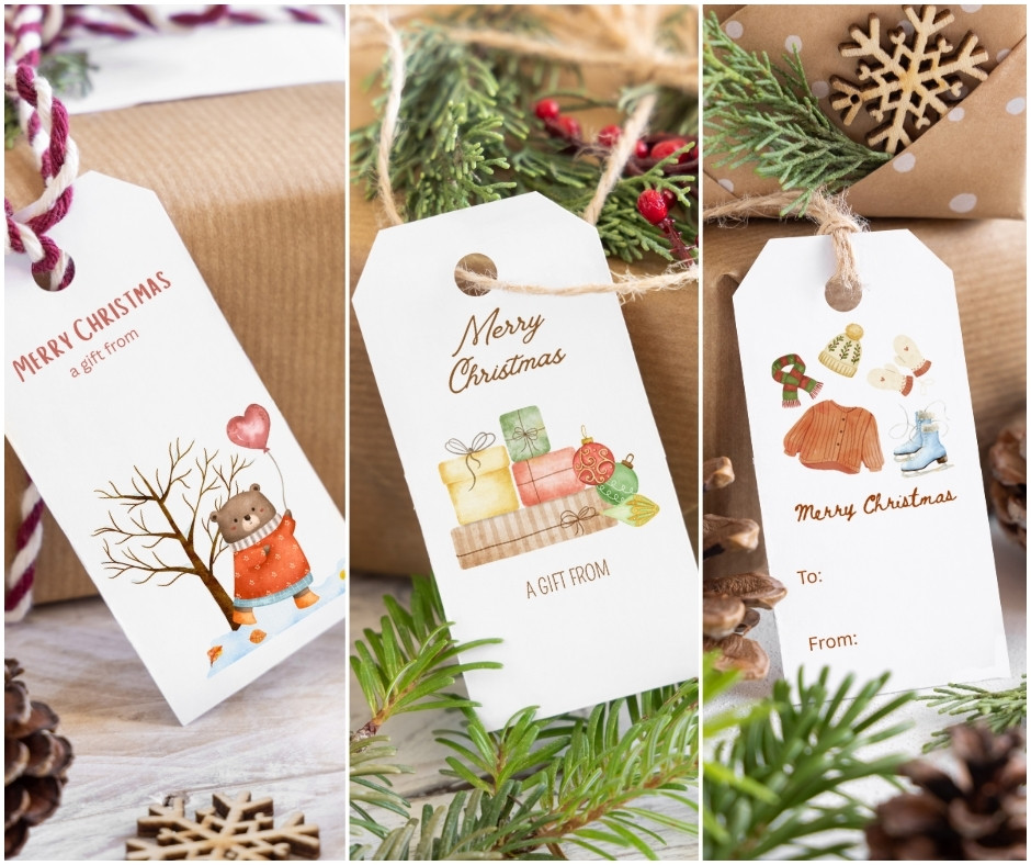 Free printable Christmas gift tags by Cyril Montanes Blog with cozy watercolor designs of presents, bear, and holiday icons.