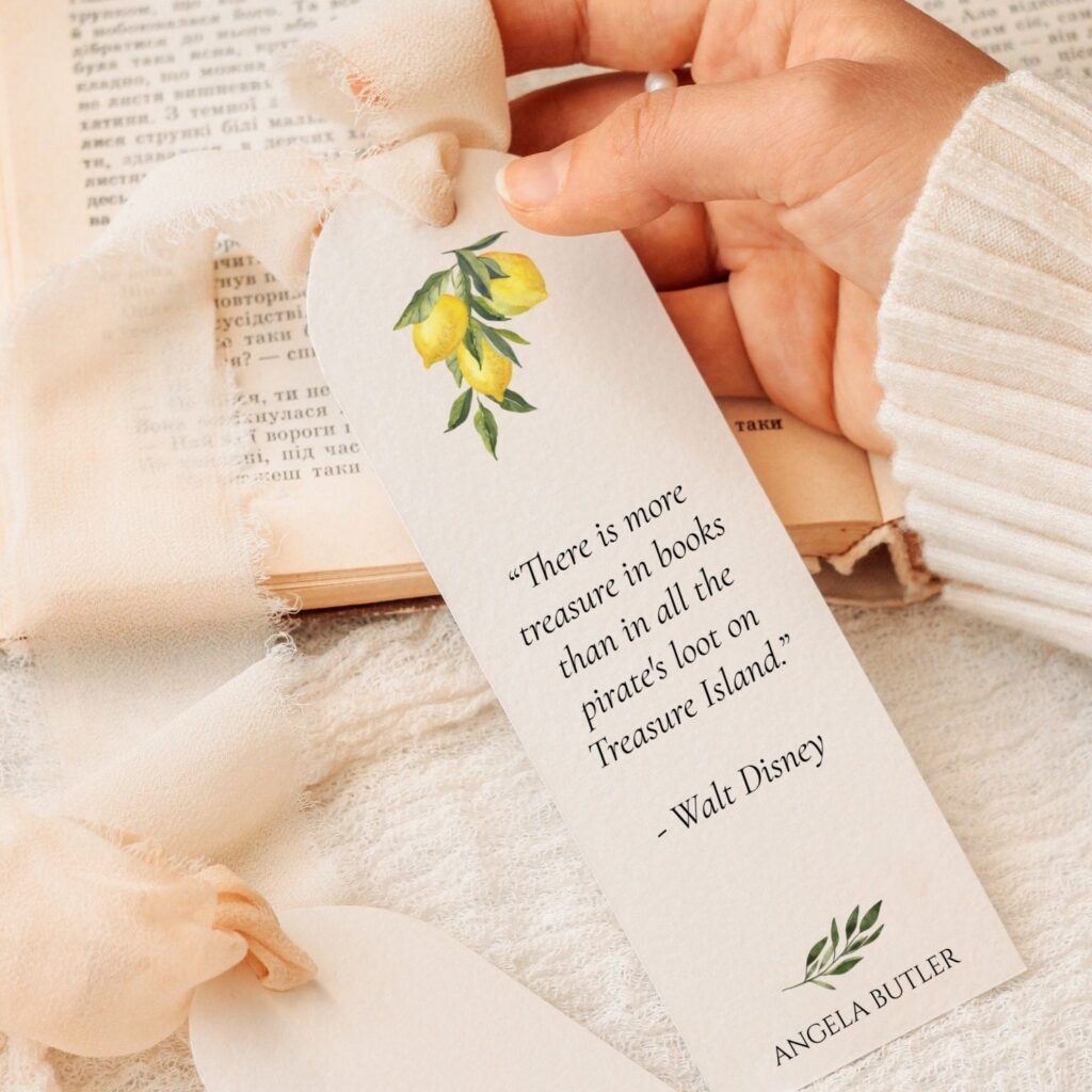Zazzle Personalized watercolor Lemon branch bookmark with Walt Disney quote inside open book by Montanes Art and Designs