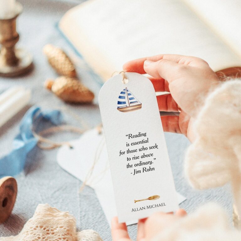 Zazzle personalized watercolor sailboat bookmark held by a woman by Montanes Art and Designs